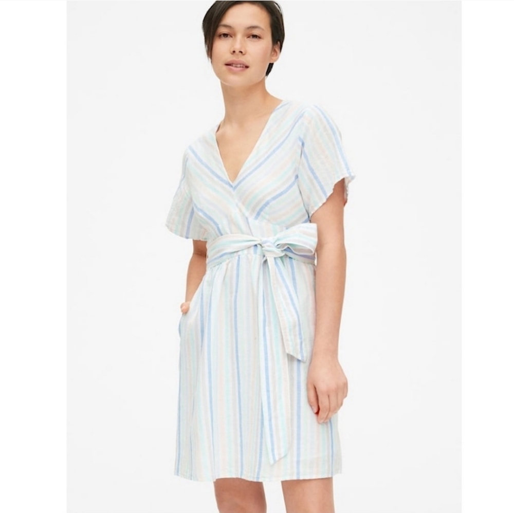 Gap Multi Stripe Kimono Line Linen Dress 10 Tall